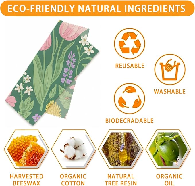 Reusable Beeswax Wraps, 9 Pack Eco-Friendly Food Storage, Organic, Sustainable, Zero Waste, Plastic-Free, Sandwich, Bowl, Bread, Fruit, 1XL, 3M, 5S, Mixed Garden Flowers Pattern