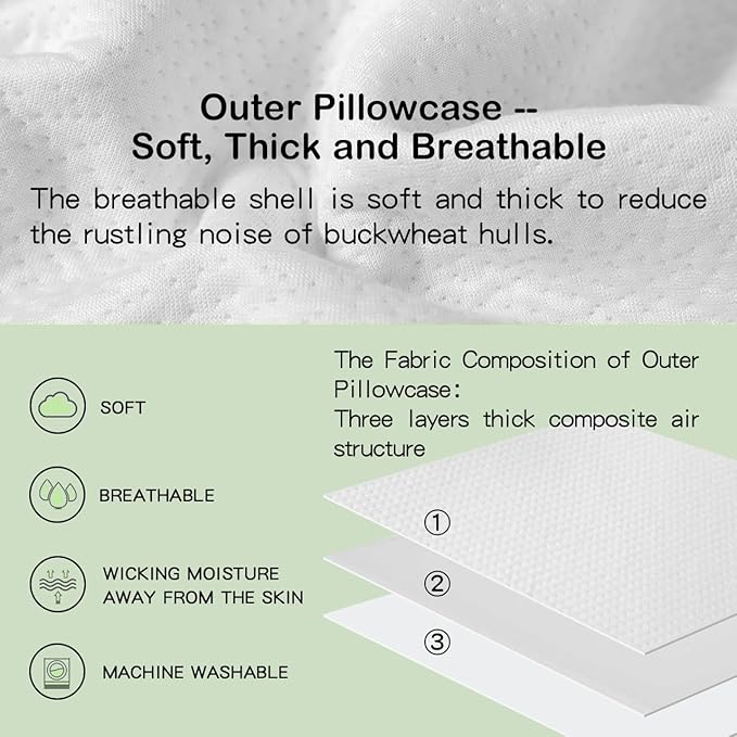 LOFE® Organic Buckwheat Pillow for Sleeping -14''x20'', Adjustable Loft, Breathable for Cool Sleep, Cervical Support for Back and Side Sleepers(Tartary Buckwheat Hulls, A Removable Pillowcase)
