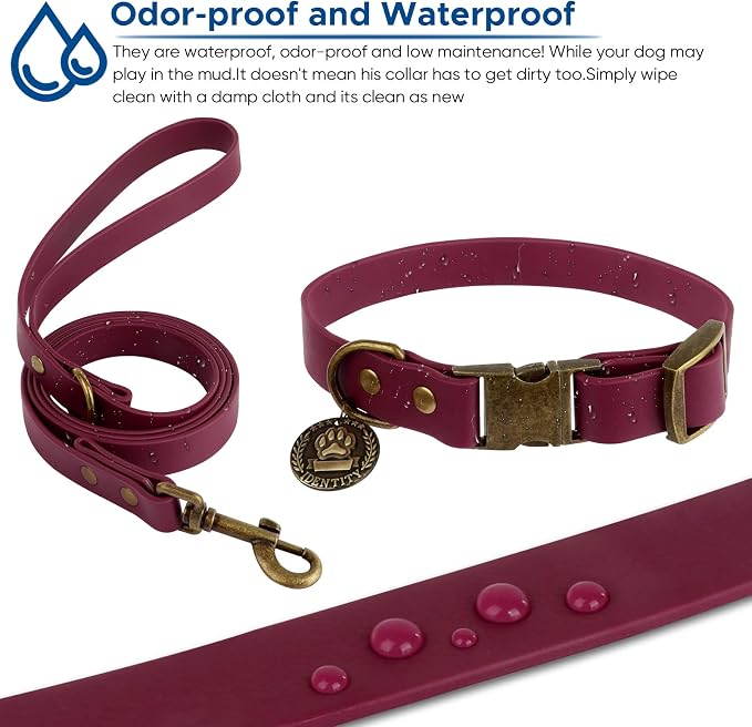 Wisedog Waterproof Dog Collar and Leash Set, S, Burgundy | Adjustable Puppy Collar, Cute Tag, 4FT Dog Leash, Includes Poop Bag, For Small Medium Large Dogs