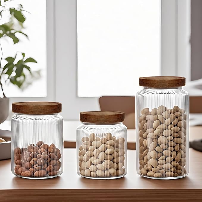Glass Jars with Lids - Glass Storage Containers with Airtight Wood Lids - SpiceJjars - Kitchen Canisters for Tea,Coffee,Sugar,Spaghetti,Cereal,Flour