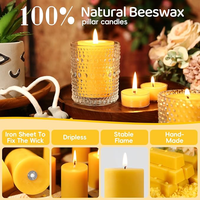 6 Pack Natural Beeswax Pillar Candles,100% Pure Beeswax Candles-192 Hours Long Burning,Unscented Bees Wax Candles for Home,Prayer,Emergency,Dripless Smokeless Organic Pillar Candles Bluk-2x3in