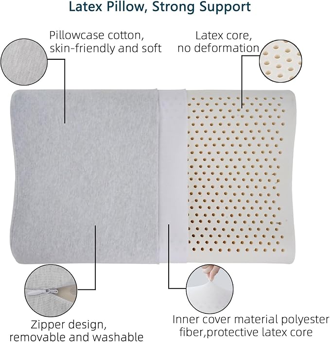 Natural Latex Pillows for Adults, Thick Cervical Neck Contour Sleeping Pillow for Side Back Sleeper, Ergonomic Orthopedic High Pillow for Neck Shoulder Pain Relief (Thick-4.7/5.5 Inches)