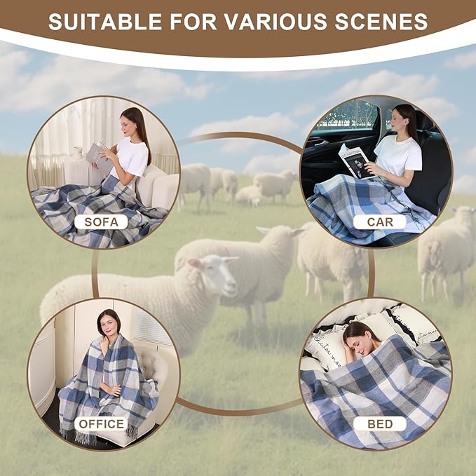 100% Wool Blanket Throw,Blue Plaid Wool Blanket with Compact Bag,Rustic Soft Lightweight Blanket for Couch,Sofa,Bed & Lounging Decoration, Warm Travel Blanket for Home, Airplane,Ideal Gifts 55"x83"
