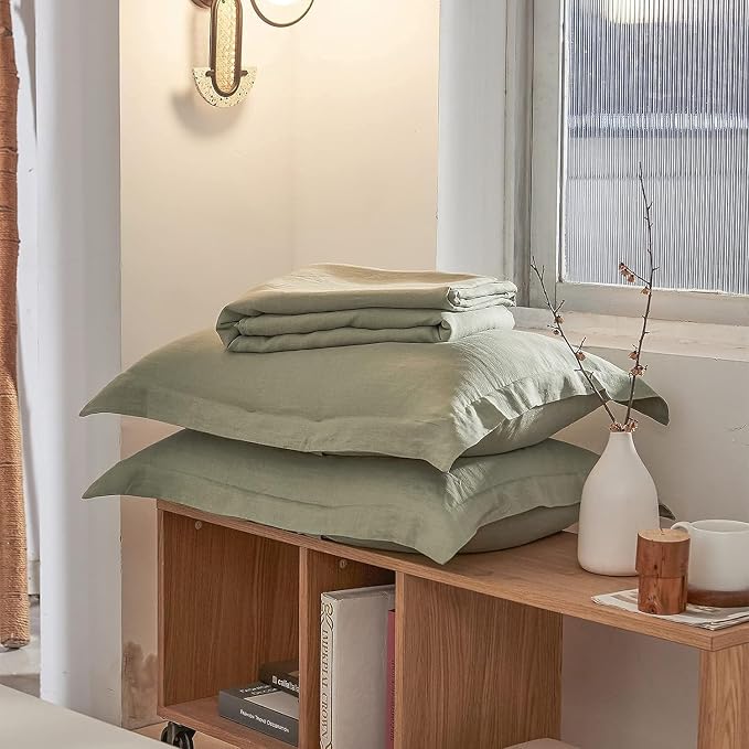 Simple&Opulence 100% Linen Duvet Cover Set 3pcs Natural French Basic Style Washed Flax Solid Color Breathable Soft Farmhouse Bedding with Button Closure (Sage Green, Full)