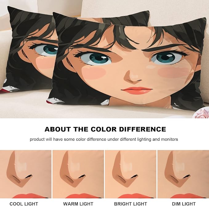 Shrahala Animated Youthful Decorative Throw Pillow Cover, Braided Hair Vivid Eyes Lumbar Pillowcase Blended Double-Sided No Inserts for Bedroom Living Room Set of 2 (12 x 20 in)