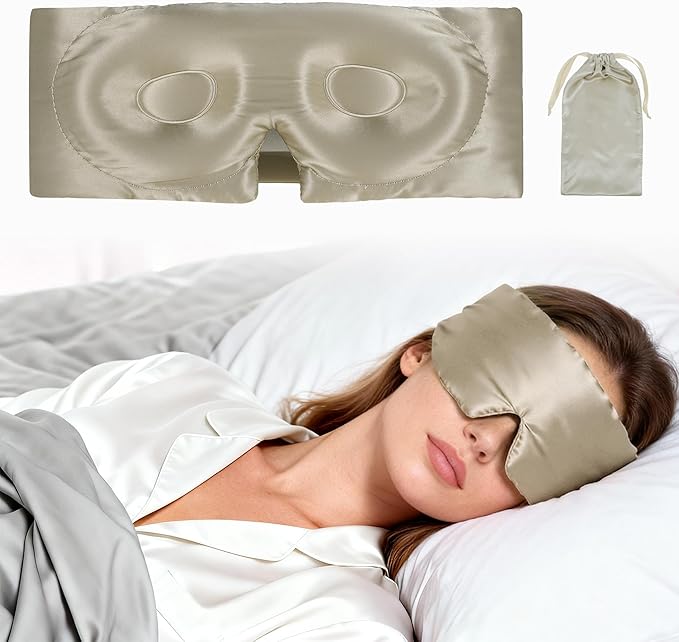 VOCOSTE 22 Momme Pure Silk Sleep Mask with Travel Pouch, 3D Contour Adjustable Blindfold for Side Sleepers, Taupe
