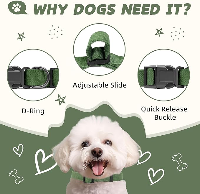 Dog Collar, Olive Green, Adjustable, Quick Release Buckle, 90% Rayon Derived from Bamboo, 10% Polyester, Small, Medium, or Large, for Large Dogs