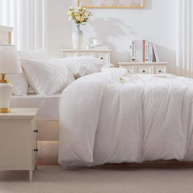 EMME White Boho Duvet Cover Twin, 2 Pieces Tufted Comforter Cover Set, Boho Embroidery Bedding Sets for All Seasons, 1 Duvet Cover + 1 Pillowcase (White, Twin)