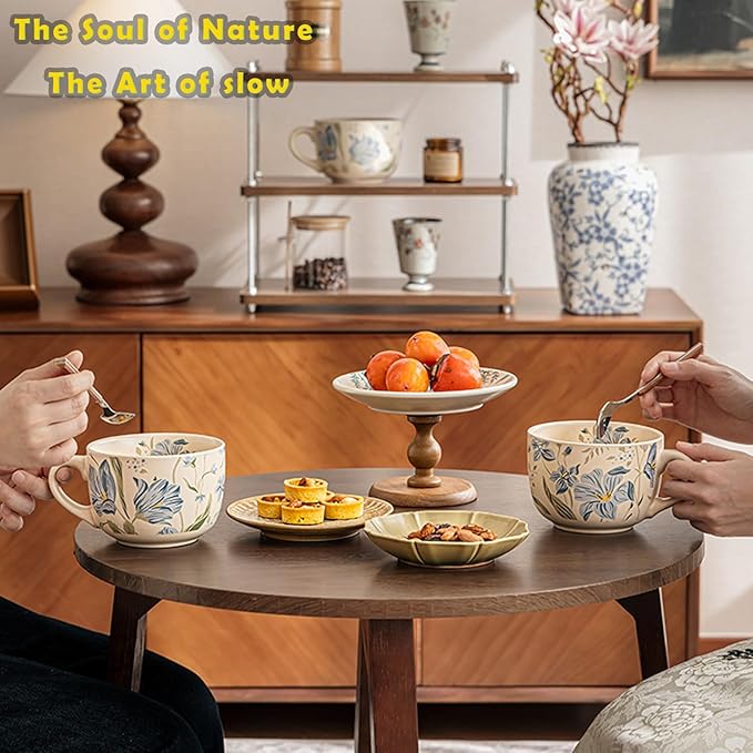 Ceramic Mugs for Men & Women, Unique Microwave & Dishwasher Safe Tea/Coffee Rustic Stoneware Cups for Office & Home (Orchid Breakfast Mug)