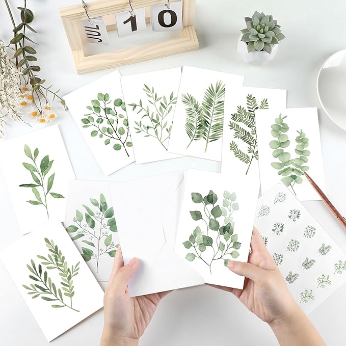 50PCS Greenery Blank Cards and Envelopes Bulk 4x6 Inch Watercolor Botanical Greeting Cards With Envelopes Stickers Green Leaves Plants Thank You Note Card For Birthday Baby Bridal Shower Wedding