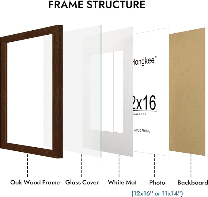 Hongkee 12x16 Oak Wood Picture Frame, Display Photos 11 x 14 with Mat or 12 x 16 without Mat - Tempered Glass Cover, Horizontal and Vertical Display for Wall Mounting (Walnut, Set of 1)
