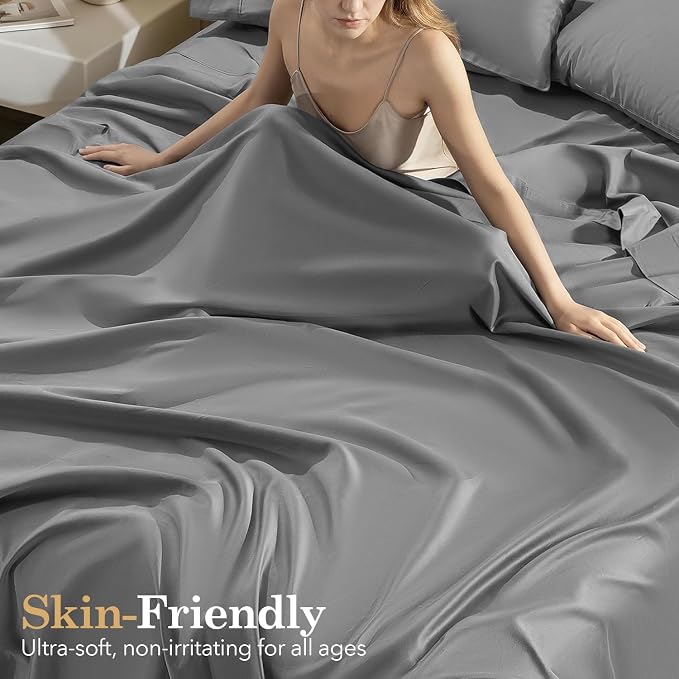 SONORO KATE 100% Organic Cotton Sheets Set - 600 Thread Count, GOTS Certified Cotton Bed Sheets, Soft, Breathable & Silky Sateen Weave Sheets, 16" Deep Pockets - 4 PC (Grey,Queen)