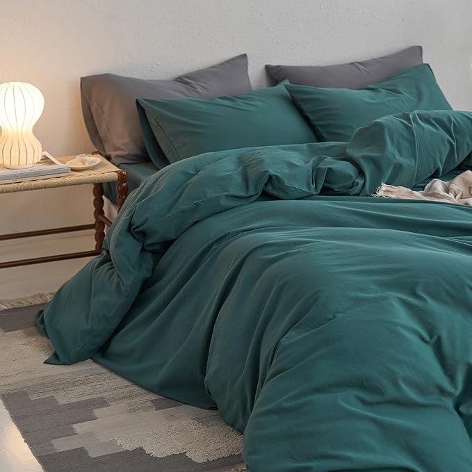MooMee King Duvet Cover Set, 100% Washed Cotton Linen Like Twill Thick Sturdy Material Super Soft Breathable Durable Bedding for All Season, 3 Pieces (Green, King 104"x90")