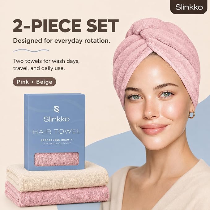 Microfiber Hair Towel Wrap for Women – Ultra Absorbent Quick Dry Turban | Button & Loop Design | Soft Lightweight Fabric | Reduces Frizz & Breakage | All Hair Types | Pink & Beige
