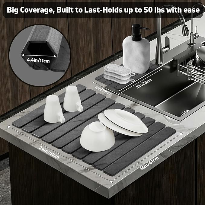 Large Stone Dish Drying Mat for Kitchen Counter, Quick Dry Dish Drying Mats, Foldable Absorbent Diatomaceous Earth Mats for Plate Rack Bottles Cups, Match Any Countertop (Gray Marble 24"×16" & 8"x4")