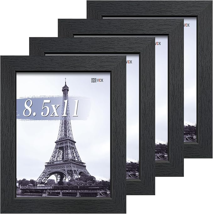 VCK 8.5x11 Picture Frame Set of 4 - Black, Gallery-Quality Wood Poster Frames, 1.1-Inch Wide Border, Polished Plexiglass, Vertical or Horizontal Wall & Tabletop Display for Photo/Art/Prints, Black