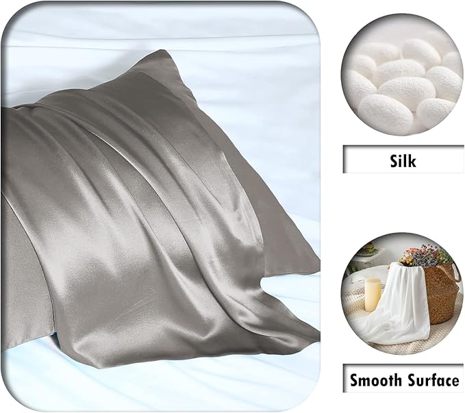 Silk Pillow Cases 2 Pack Soft Breathable and Sliky King Size Pillow Cases Set of 2,Natural Mulberry Silk Pillowcase Set of 2 for Hair and Skin with Hidden Zipper (Gray,20"X 36",2pcs)