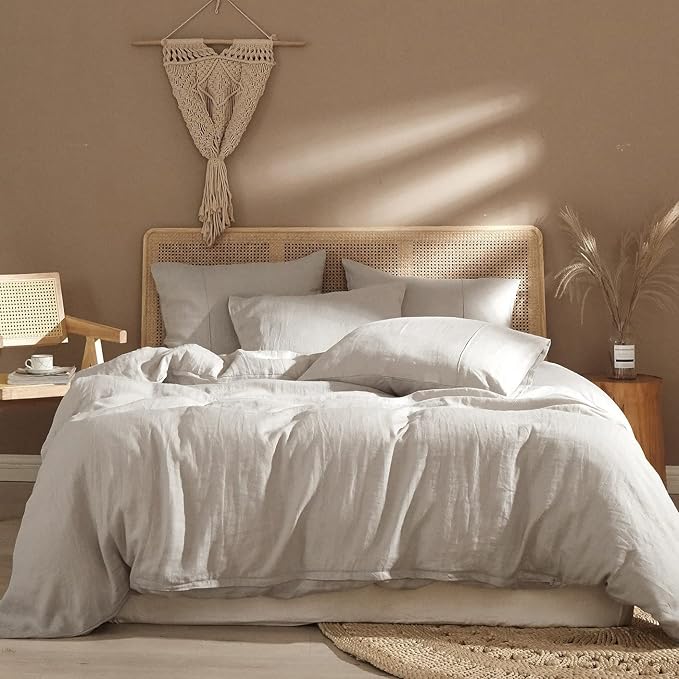 Ivellow Pure Linen Duvet Cover Queen 100% Natural Washed French Flax Linen Duvet Cover Queen Size 3 Pcs Soft Breathable Moisture Wicking Comfy Cooling Linen Bedding Comforter Cover with 2 Pillowcases