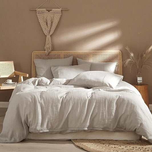 Ivellow Pure Linen Duvet Cover Queen 100% Natural Washed French Flax Linen Duvet Cover Queen Size 3 Pcs Soft Breathable Moisture Wicking Comfy Cooling Linen Bedding Comforter Cover with 2 Pillowcases