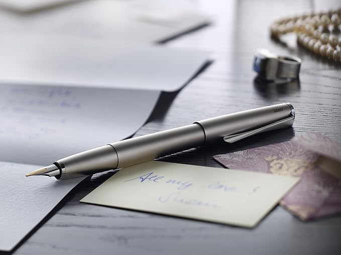 LAMY Studio Dark Brown Fountain Pen - Universal Fountain Pen in Elegant All-Metal Housing - 14 Carat Gold Nib, Partially Platinum Plated & in Line Width F - Includes Lamy T 10 Ink Cartridge Blue