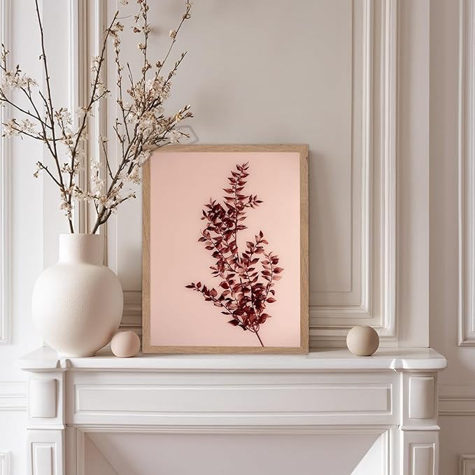 Monem Art Dried Red Botanical Branch Print - Minimalist Boho Nature Poster - Wall Decor for Living Room, Bedroom or Office - 12x16 Beige Framed Wall Art by Mareike Bohmer
