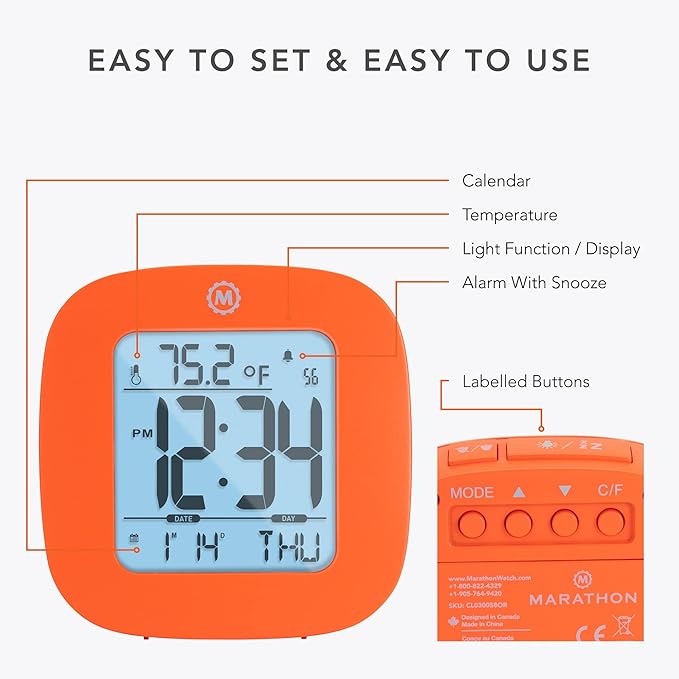 MARATHON Compact Alarm Clock with Temperature & Date, Orange - Large, Easy to Read Display with Backlight - Easy to Set Up & Use