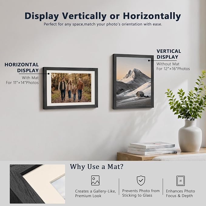 VCK 12x16 Picture Frames Black 3 Pack, Wide Border Solid Wood, Tempered Glass, Display 11x14 Photo with Mat or 12 x 16 without, for Home, Office, Gallery, Woodgrain Series, Wall Hanging