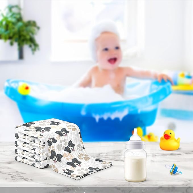 Baby Border Collie Dog Msulin Washcloths Newborn Face Towel - Baby Muslin Burp Cloths 5 Pack Soft Absorbent Natural Cotton Wash Towel 11.8"X11.8" Baby Bath Towels Wipes