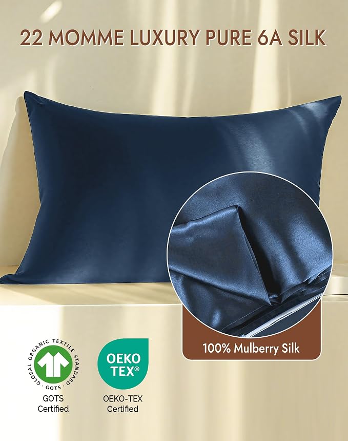 SilkSilky 100% Mulberry Silk Pillowcase - Pure 22 Momme High-Grade 6A Fibers for Hair & Skin, Hidden Zipper, Natural, Organic, Breathable & Cooling Pillow Case (Queen 20''x30'', DarkBlue)