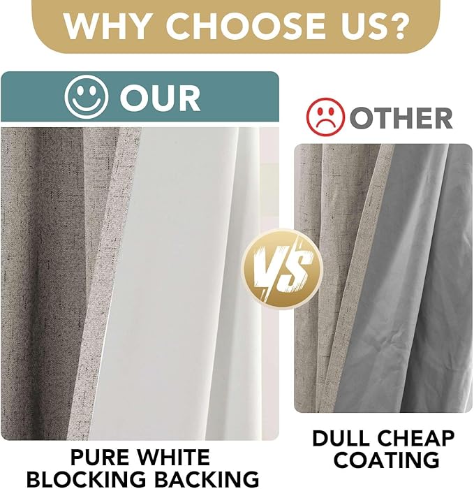 Primitive Linen Curtains 100% Blackout Curtain 63 Inches Long Burlap Fabric Curtains with White Thermal Insulated Liner, Grommet Top Drapes Living Room/Bedroom (2 Panels, 42 x 63 Inch, Stone)