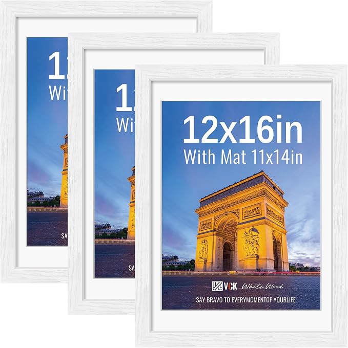 VCK 12x16 Picture Frames White 3 Pack, Wide Border Wood, Tempered Glass, Display 11x14 Photo with Mat or 12 x 16 without, for Home, Office, Gallery, Woodgrain Series, Wall Hanging