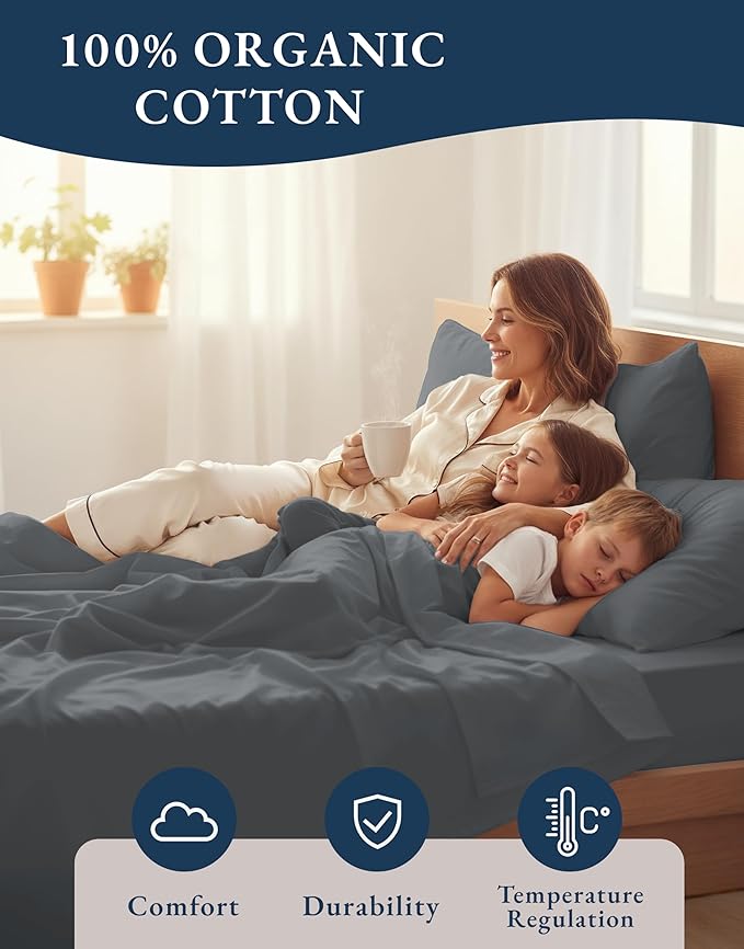 LANE LINEN 100% Organic Cotton 3Pc Bed Sheets Twin Size, Classic Percale Weave, Soft & Comfy Fully Elasticized Naturally Cooling Cotton Sheets, Low Pill Machine wash Twin Sheet Set- Charcoal