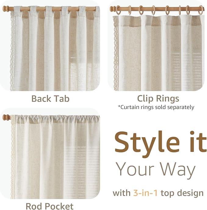jinchan Linen Curtains for Living Room Bedroom Light Filtering Semi Sheer Curtains Boho Farmhouse French Country Cottage Core Decor Window Drapes Back Tab 90 Inch Length Laced Beige