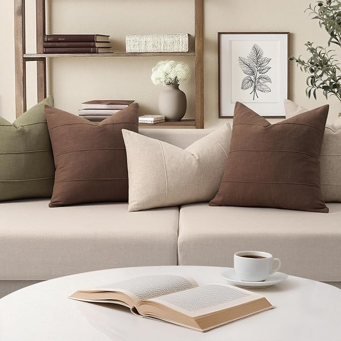 ZWJD Decorative Linen Throw Pillow Covers 24x24 Set of 2 Solid Handcrafted Striped Cushion Covers for Bed Soft Modern Farmhouse Neutral Pillowcase for Couch Bedroom Living Room Home Decor(Brown)