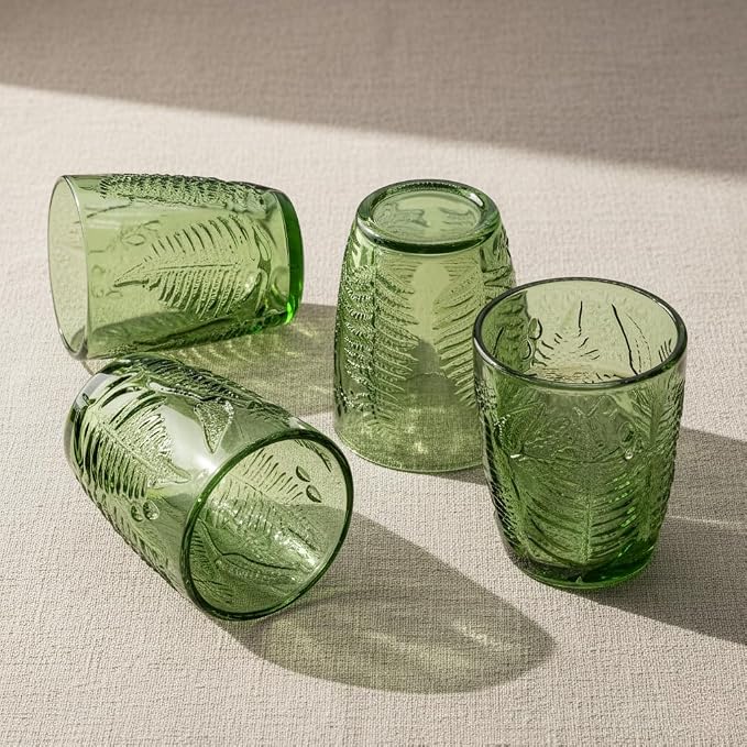 Green Drinking Glasses Set of 8, 10 oz Hand-Pressed Old Fashioned Glass Cups, Fern Textured Retro Lowball Tumblers, Vintage Glassware for Water, Whiskey, Wine, Cocktails & Juice, Housewarming Gift Set