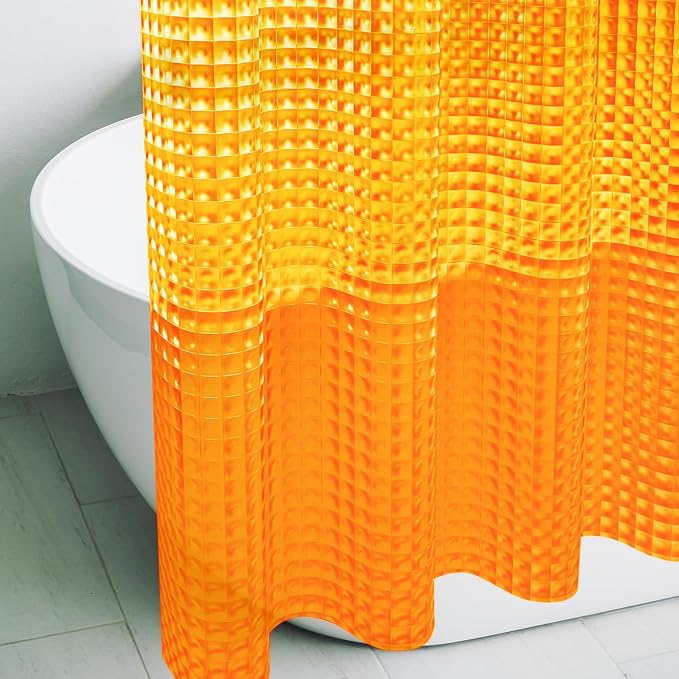 Orange 3D Crystal Plastic Shower Curtain Liner, 72x72 Inch Thin Lightweight Plastic Bathroom Shower Showroom Inner Curtain with Rustproof Metal Grommet Holes and Weighted Magnets