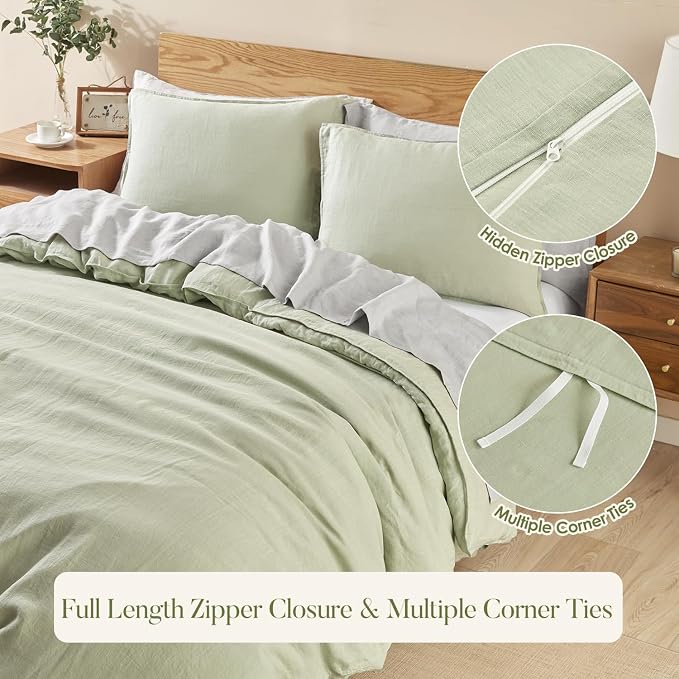 DAPU 100% Linen Duvet Cover Set - Pure Natural French Flax Linen with Corner Ties and Zipper Closure Soft Breathable Durable for Hot Sleepers 1 Duvet Cover 2 Pillowcases (Sage Green, Queen/Full)