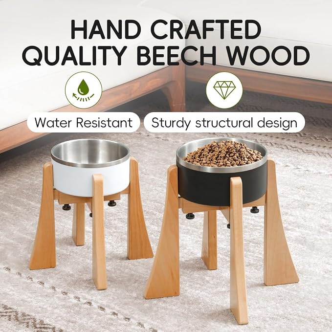 Elevated Bowl Stand Set 10-inch with Heavy Duty Beech Wood Made, Anti-Vomit Design for Medium Breed, Senior Dogs, Ergonomic Neck Protecting, Adjustable Diameter, Easy Clean Non Toxic