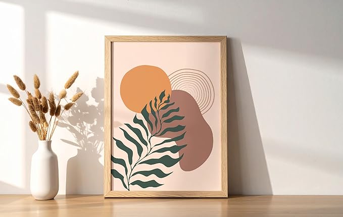 Boho Monstera Leaf Wall Art Abstract Sun Earth Tones Terracotta Mid Century Modern 8x10 Inch Oak Wood Beige Framed Minimalist Botanical Print for Living Room Office