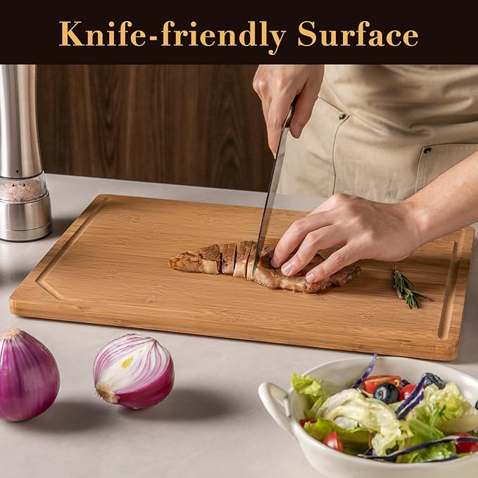 THETCHRY Wood Cutting Board for Kitchen,Non-slip Bamboo Cutting Board with Juice Groove & Handle,Charcuterie Chopping Board for Meat, Perfect Size for Prep & Serving,16.5''Lx11.6''Wx0.6''TH