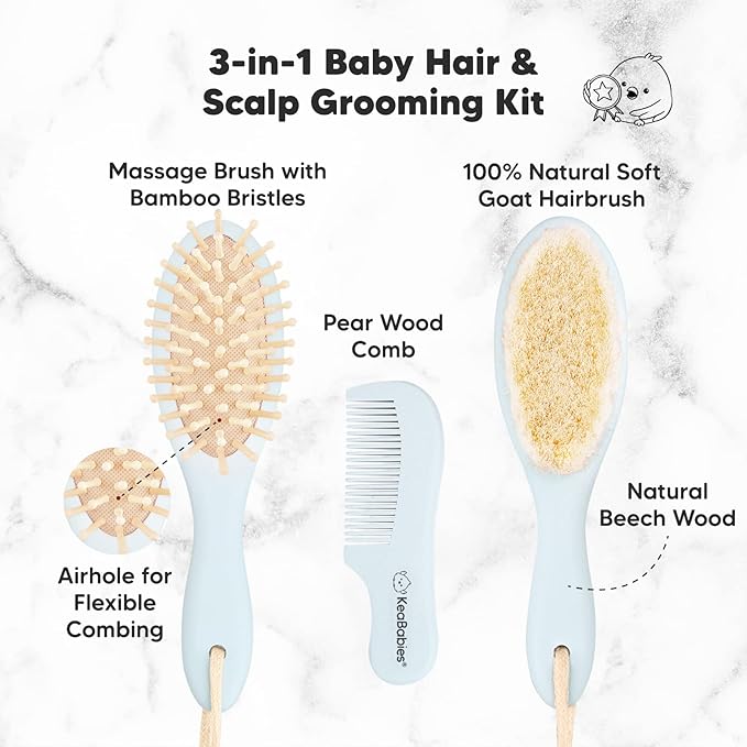 KeaBabies Baby Hooded Towel and Baby Hair Brush and Comb Set for Newborn - Viscose from Bamboo Baby Towel Organic Towel, Wooden Baby Hair Brush Set with Soft Goat Bristle