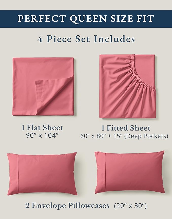 LANE LINEN 100% Organic Cotton Queen Sized Sheets, Fuly Elasticized Mercerized Low Pill Fade Resistant Percale Weave Bedsheets for Queen Size Bed, Soft and Comfy Sheet & Pillowcase Sets - Mineral Red