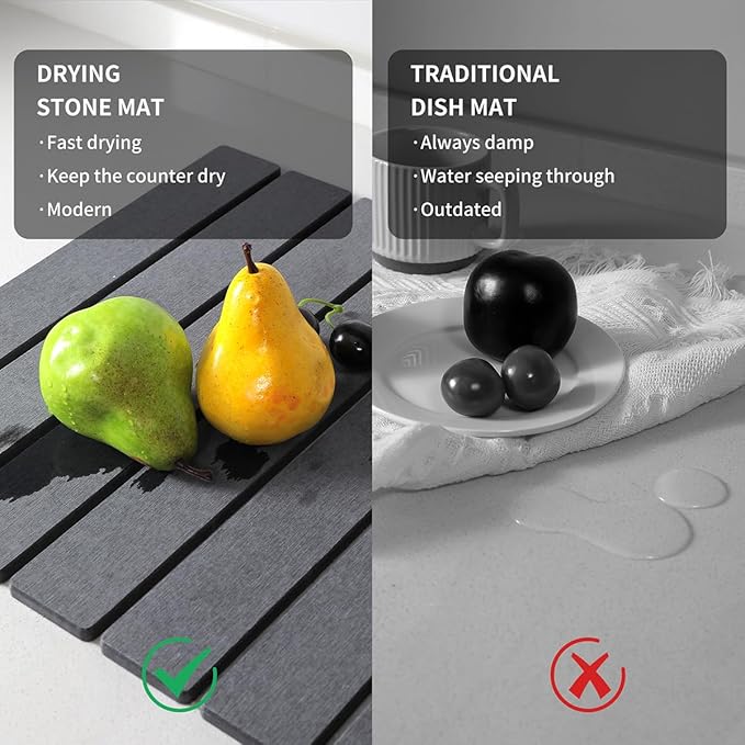Large Diatomaceous Earth Dish Drying Mat, 24"x16" Stone Dish Drying Mats Kitchen | Ultra Fast-Absorbing, Foldable & Eco-Friendly Dishes Drying Pad for Kitchen Countertop, Cups, Utensils(Grey)