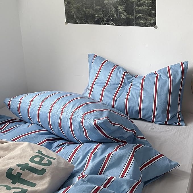 mixinni Vintage Striped Blue Duvet Cover Queen - 100% Cotton Red Stripes 3-Piece Bedding Duvet Cover Set with Zipper Closure, Soft & Breathable Retro Design for All Seasons (Queen Size)