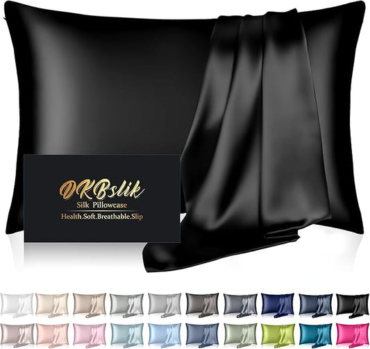 Mulberry Silk Pillow Cases Standard Size, Silk Pillowcase for Hair and Skin, Both Sides Natural Silk Satin Pillowcase for Sleeping Women with Zipper, Gifts for Women Men, Black