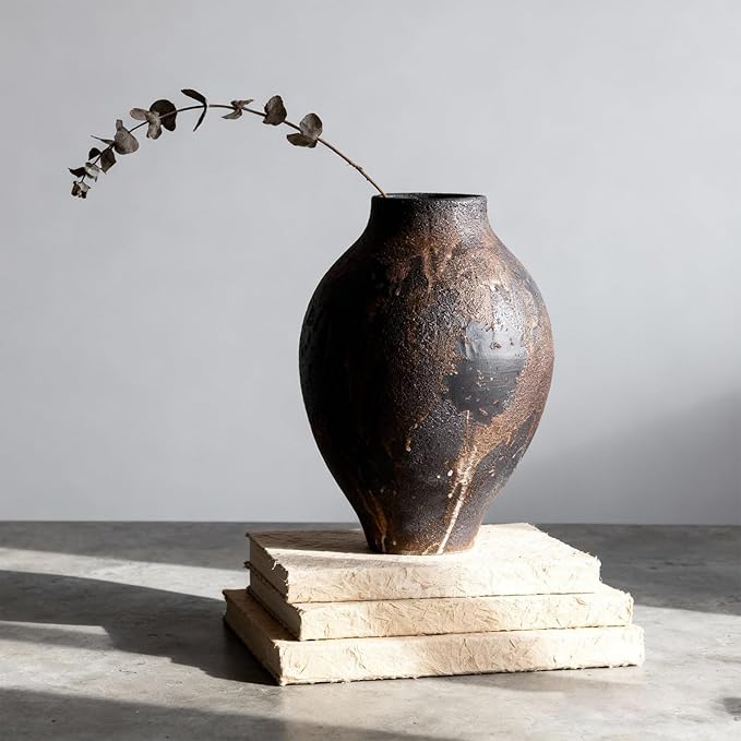 Wabi Sabi Vase 11.8in, Brown Ceramic Vase with Waterproof Coating, Rustic Ceramic Vase Large for Table Centerpiece, Entryway Shelf Decor, Rustic Farmhouse Pottery Vase