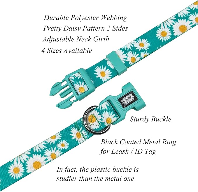 Dog Collar and Leash Set, Cute Daisy Pattern, Polyester Material, 5ft Leash, for Large Dogs.(Large,Green Daisy)