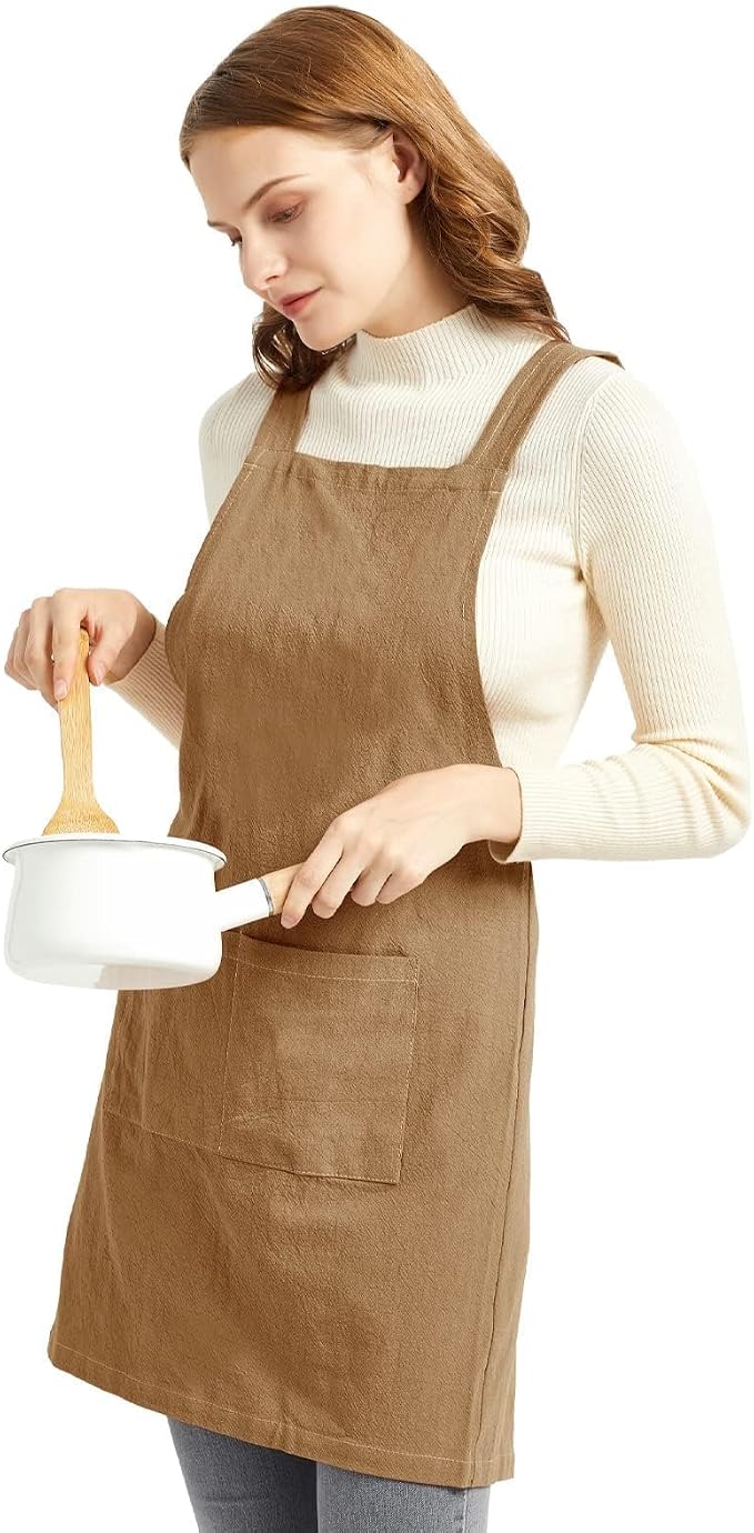 ELEZAY Aprons for Women with Pockets Plus Size Comfort Cross Back No Tie Cotton Linen Apron Pinafore