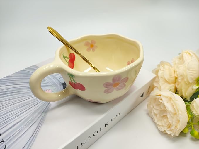 Ceramic Coffee Mug, Cute Floral Design Tea Cup 8.5 oz, Aesthetic Vintage Porcelain Latte Mug for Milk, Cocoa, Cappuccino, Home & Office, Ideal Gift for Women & Mom