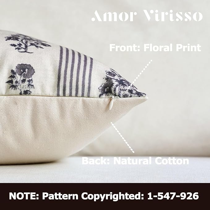 Amor Virisso Floral Throw Pillow Covers 24x24 Set of 2 Block Print Pillow Covers Neutral Floral Striped Farmhouse Decorative Pillow Covers for Sofa Couch Bed, Light Taupe